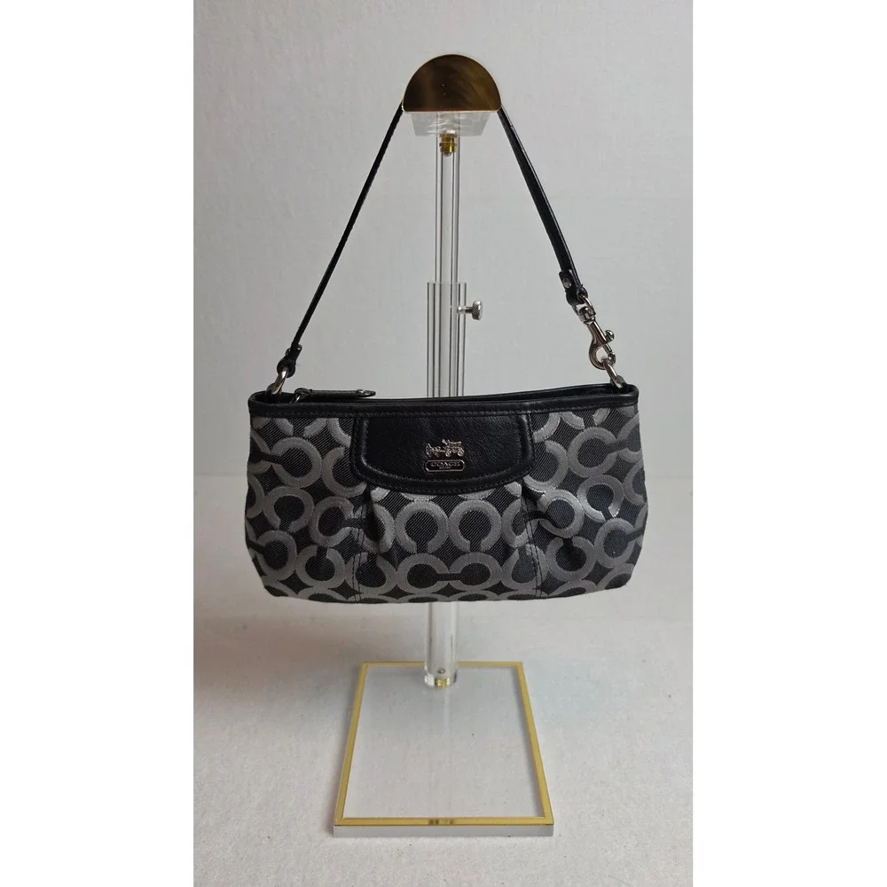Coach Signature C Small Wristlet Shoulder Bag Black Grey Jacquard Purple Lining